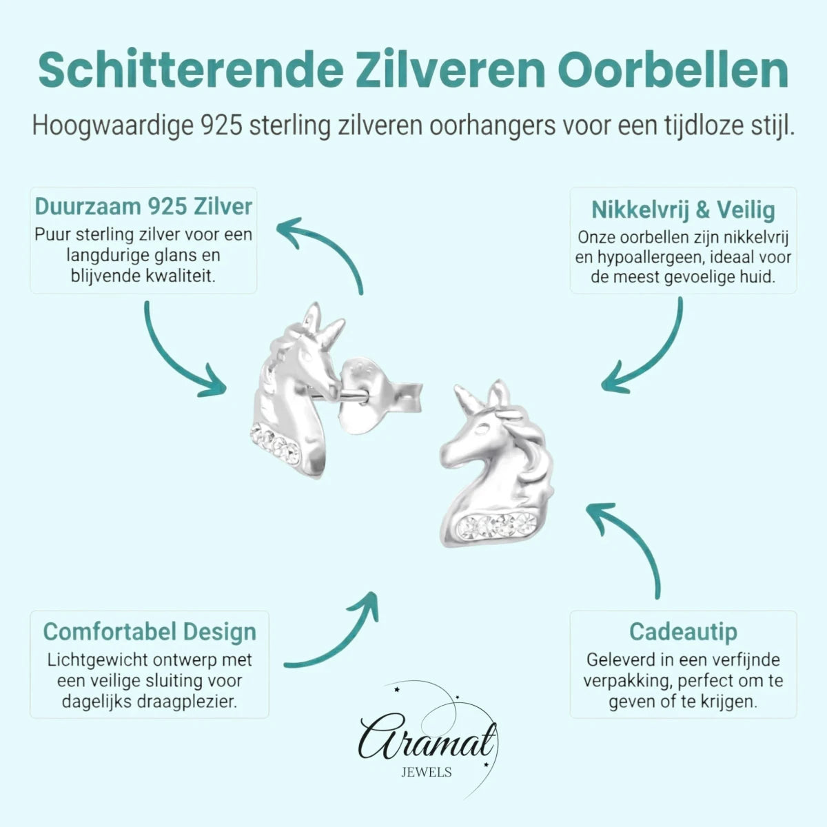 Unieke Zilveren Unicorn Oorbellen - Tijdloos & Stralend - Aramat Jewels - Oorbellen - cadeautip