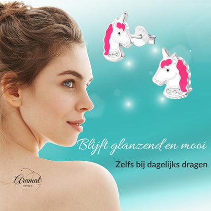 Unieke Zilveren Unicorn Oorbellen - Wit & Donker Roze - Aramat Jewels - Oorbellen - cadeautip