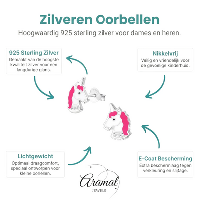 Unieke Zilveren Unicorn Oorbellen - Wit & Donker Roze - Aramat Jewels - Oorbellen - cadeautip