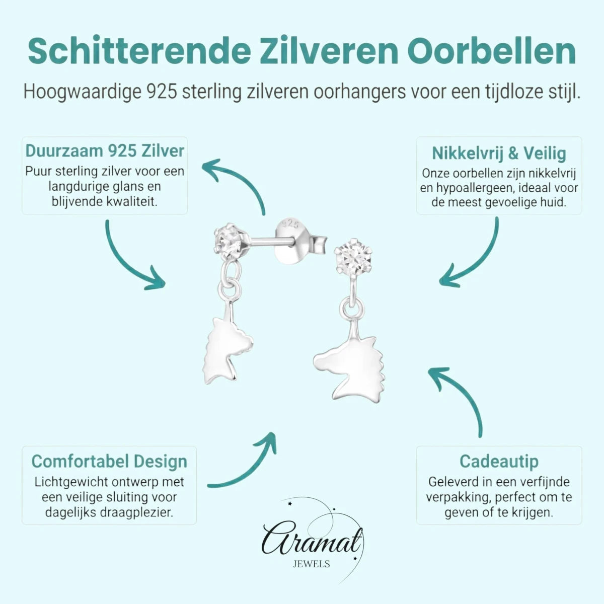 Unieke Zilveren Unicorn Oorknopjes - Cadeau - Aramat Jewels - Oorbellen - cadeautip