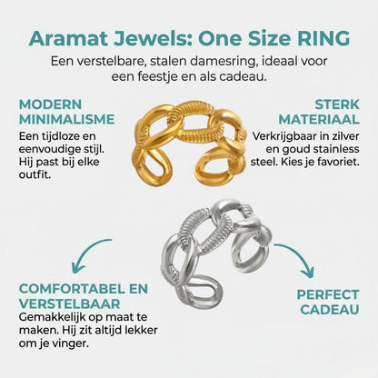 Verstelbare Open Schakelring – Gladde & Gestreepte Schakels – One Size - Aramat Jewels - Ringen - cadeautip