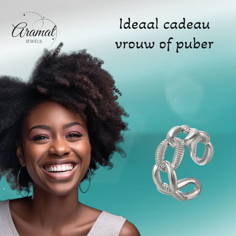 Verstelbare Open Schakelring – Gladde & Gestreepte Schakels – One Size - Aramat Jewels - Ringen - cadeautip