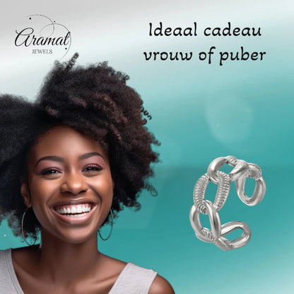 Verstelbare Open Schakelring – Gladde & Gestreepte Schakels – One Size - Aramat Jewels - Ringen - cadeautip