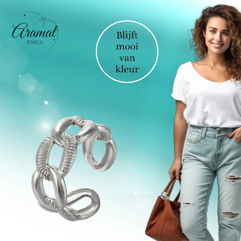 Verstelbare Open Schakelring – Gladde & Gestreepte Schakels – One Size - Aramat Jewels - Ringen - cadeautip