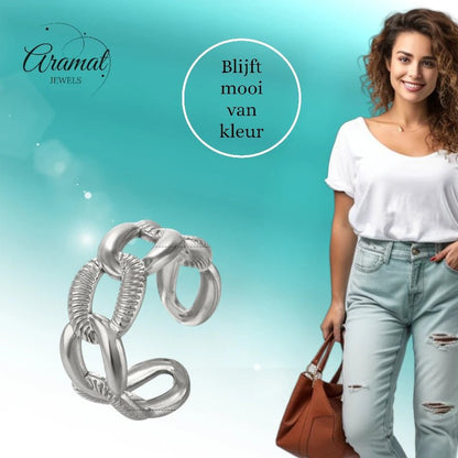 Verstelbare Open Schakelring – Gladde & Gestreepte Schakels – One Size - Aramat Jewels - Ringen - cadeautip