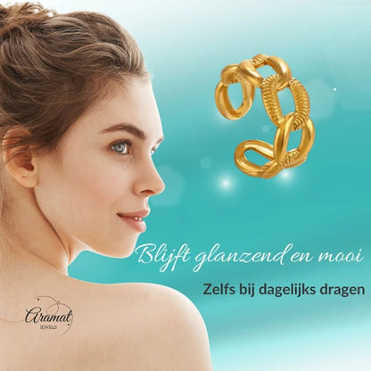 Verstelbare Open Schakelring – Gladde & Gestreepte Schakels – One Size - Aramat Jewels - Ringen - cadeautip