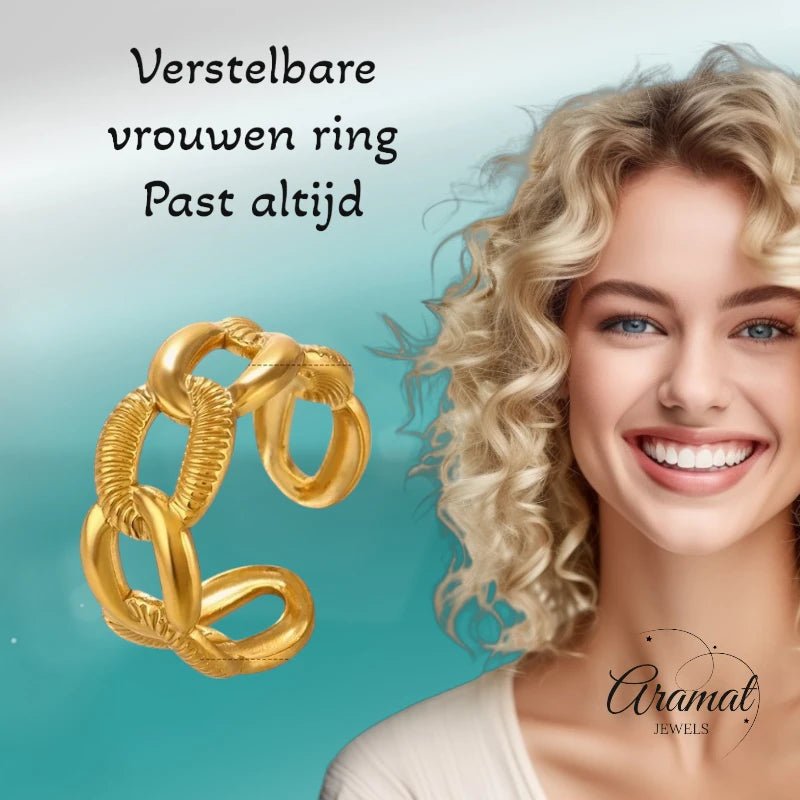 Verstelbare Open Schakelring – Gladde & Gestreepte Schakels – One Size - Aramat Jewels - Ringen - cadeautip