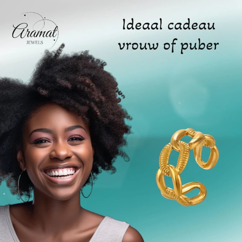 Verstelbare Open Schakelring – Gladde & Gestreepte Schakels – One Size - Aramat Jewels - Ringen - cadeautip