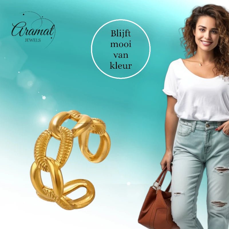 Verstelbare Open Schakelring – Gladde & Gestreepte Schakels – One Size - Aramat Jewels - Ringen - cadeautip