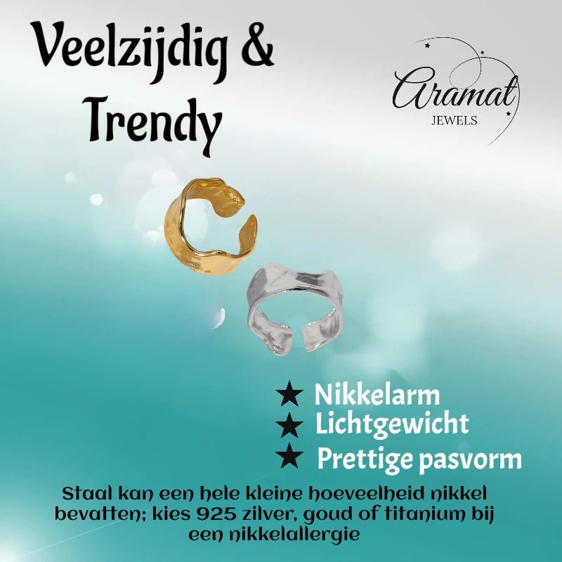 Verstelbare RVS Damesring met Getrommeld Design - 11mm breed - Aramat Jewels - Ringen - cadeautip