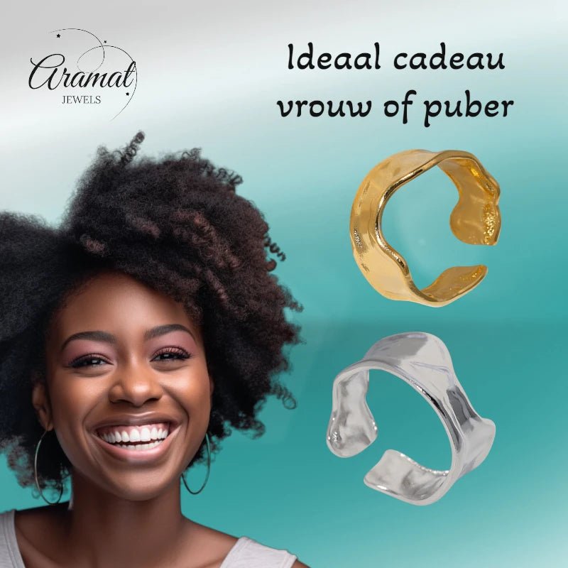 Verstelbare RVS Damesring met Getrommeld Design - 11mm breed - Aramat Jewels - Ringen - cadeautip