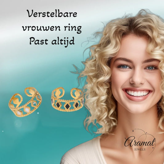 Verstelbare RVS Ring Emaille Ruitjes - Goud met Wit of Zwart - Aramat Jewels - Ringen - cadeautip