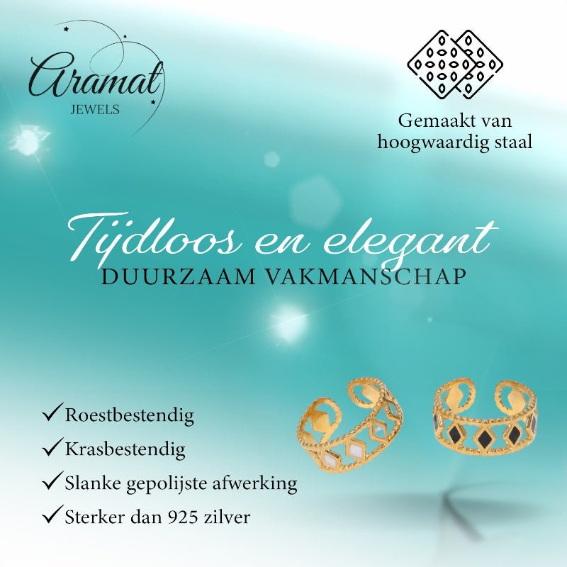 Verstelbare RVS Ring Emaille Ruitjes - Goud met Wit of Zwart - Aramat Jewels - Ringen - cadeautip