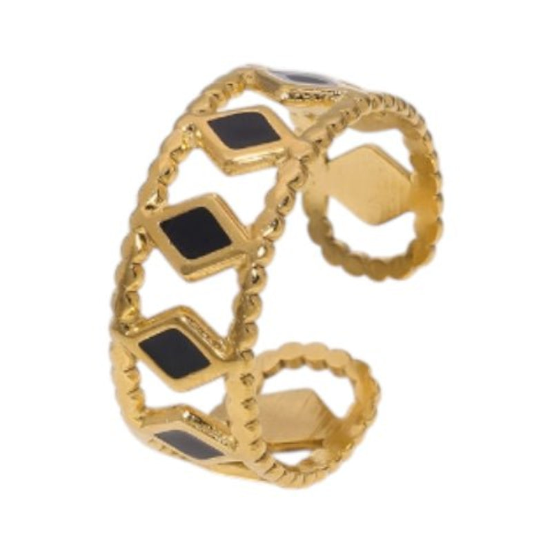Verstelbare RVS Ring Emaille Ruitjes - Goud met Wit of Zwart - Aramat Jewels - Ringen - cadeautip