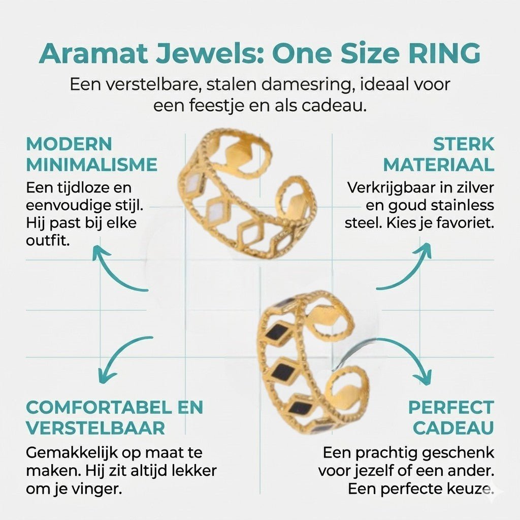 Verstelbare RVS Ring Emaille Ruitjes - Goud met Wit of Zwart - Aramat Jewels - Ringen - cadeautip