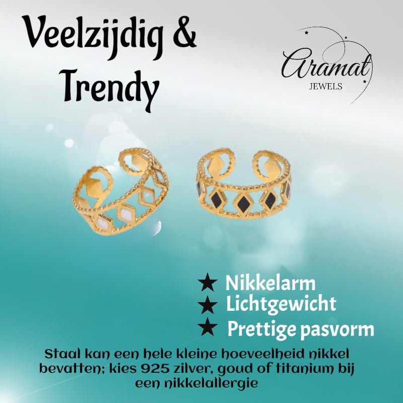 Verstelbare RVS Ring Emaille Ruitjes - Goud met Wit of Zwart - Aramat Jewels - Ringen - cadeautip