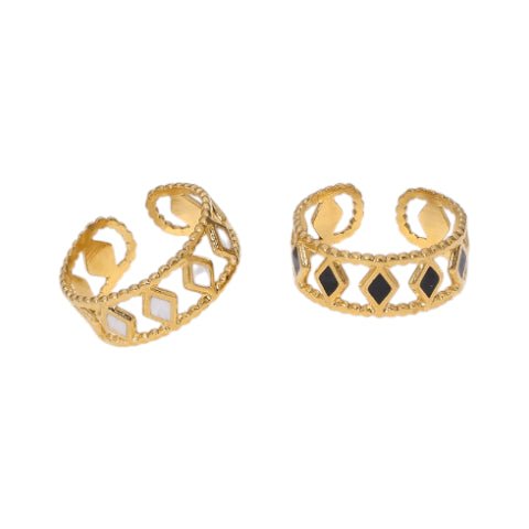 Verstelbare RVS Ring Emaille Ruitjes - Goud met Wit of Zwart - Aramat Jewels - Ringen - cadeautip