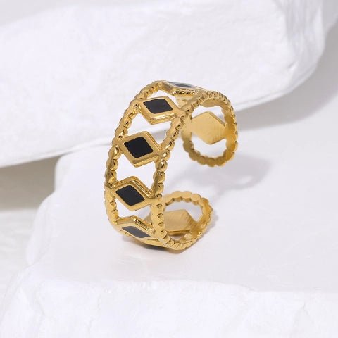 Verstelbare RVS Ring Emaille Ruitjes - Goud met Wit of Zwart - Aramat Jewels - Ringen - cadeautip