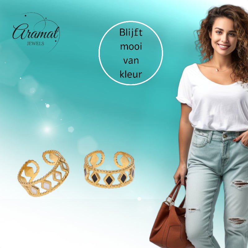 Verstelbare RVS Ring Emaille Ruitjes - Goud met Wit of Zwart - Aramat Jewels - Ringen - cadeautip