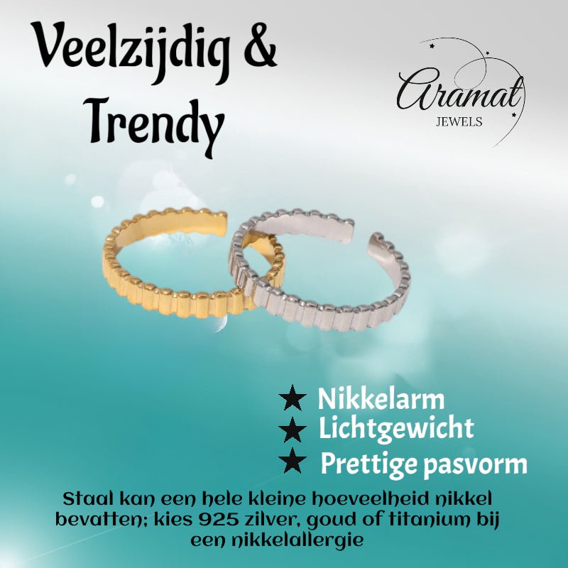Verstelbare RVS Ring met Blokjes Motief - 3mm Breed - Aramat Jewels - Ringen - cadeautip
