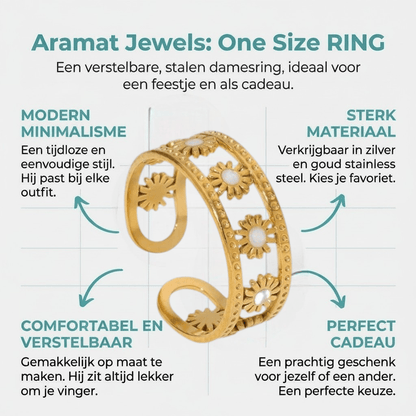 Verstelbare RVS Ring met Emaille Bloemen - Goudkleur (7 mm) - Aramat Jewels - Ringen - cadeautip