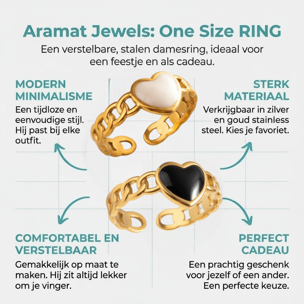 Verstelbare RVS Ring met Emaille Hartje - Goudkleur (8 mm) - Aramat Jewels - Ringen - cadeautip