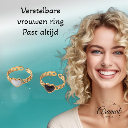 Verstelbare RVS Ring met Emaille Hartje - Goudkleur (8 mm) - Aramat Jewels - Ringen - cadeautip