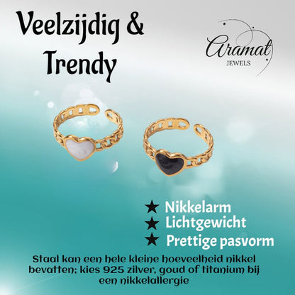 Verstelbare RVS Ring met Emaille Hartje - Goudkleur (8 mm) - Aramat Jewels - Ringen - cadeautip