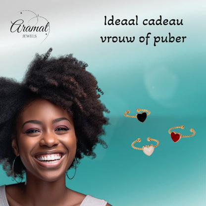 Verstelbare RVS Ring met Emaille Hartje - Goudkleur (8,5 mm) - Aramat Jewels - Ringen - cadeautip