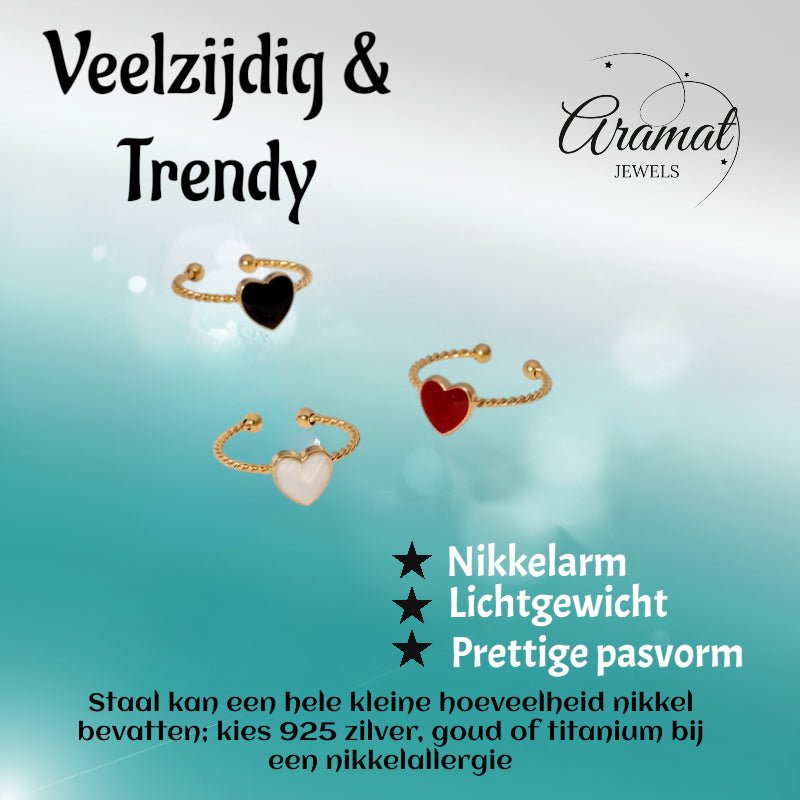 Verstelbare RVS Ring met Emaille Hartje - Goudkleur (8,5 mm) - Aramat Jewels - Ringen - cadeautip