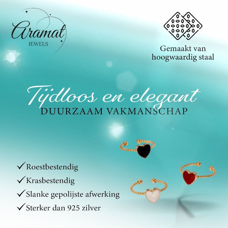 Verstelbare RVS Ring met Emaille Hartje - Goudkleur (8,5 mm) - Aramat Jewels - Ringen - cadeautip