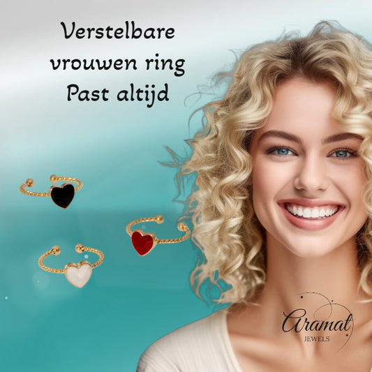 Verstelbare RVS Ring met Emaille Hartje - Goudkleur (8,5 mm) - Aramat Jewels - Ringen - cadeautip