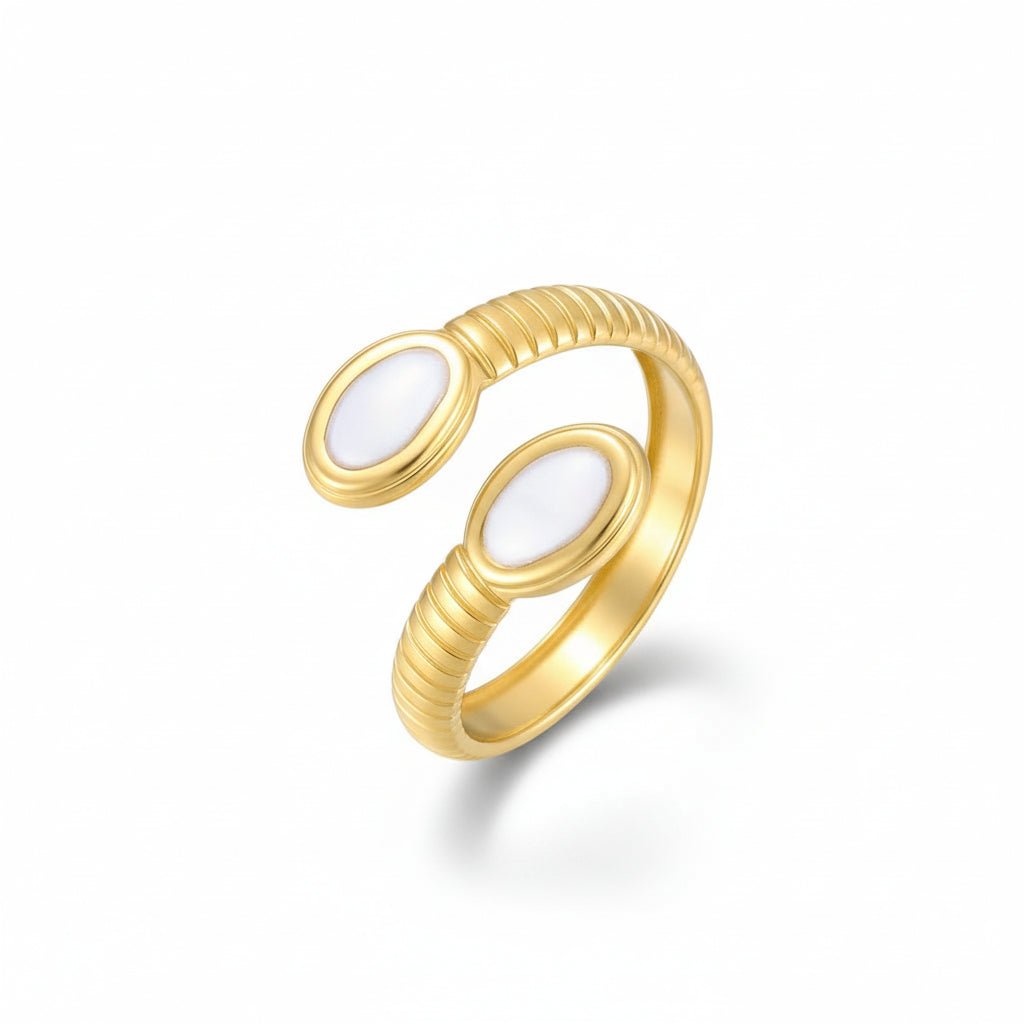 Verstelbare RVS Ring met Parelwitte Emaille Ovalen - Goudkleur (15 mm) - Aramat Jewels - Ringen - cadeautip