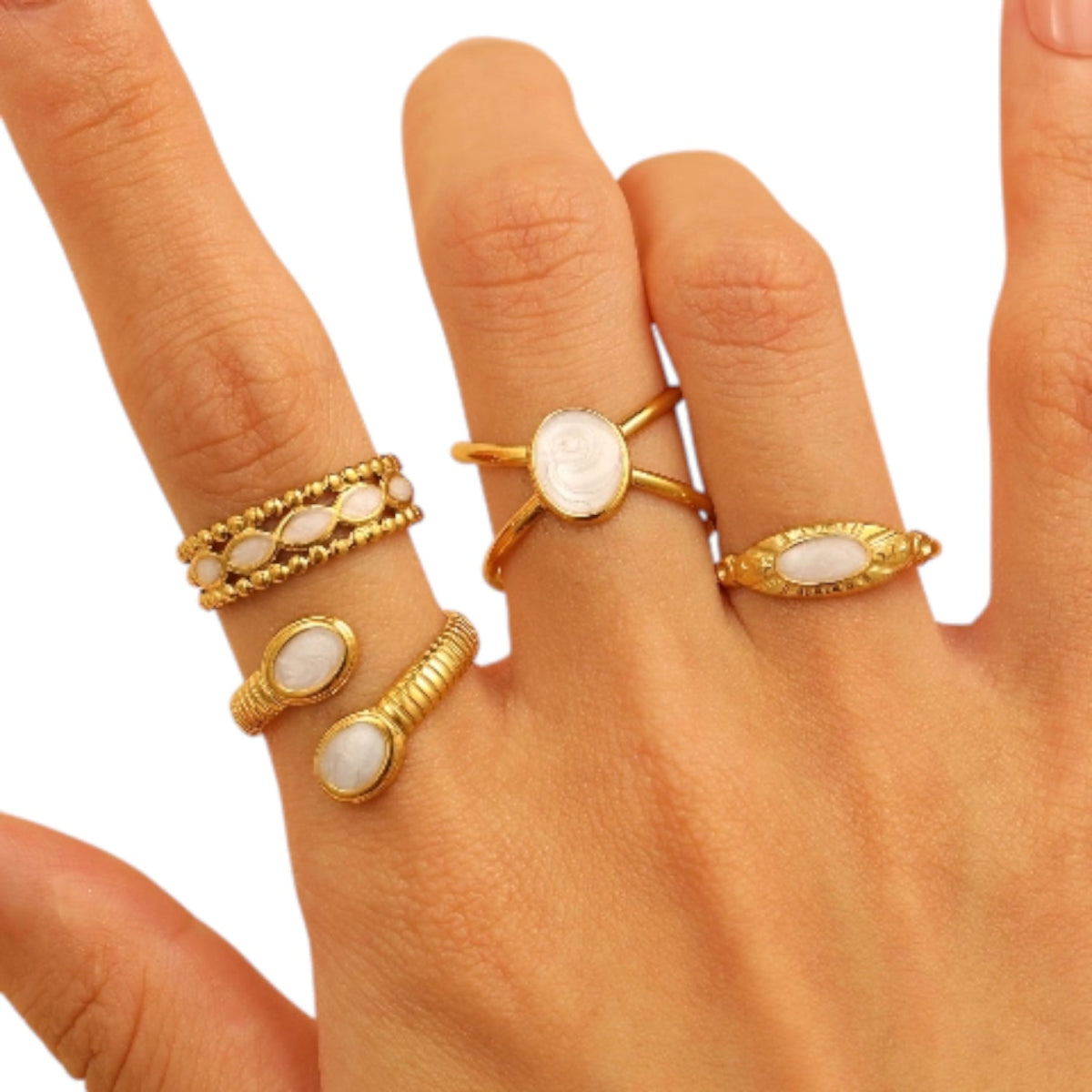 Verstelbare RVS Ring met Parelwitte Emaille Ovalen - Goudkleur (15 mm) - Aramat Jewels - Ringen - cadeautip