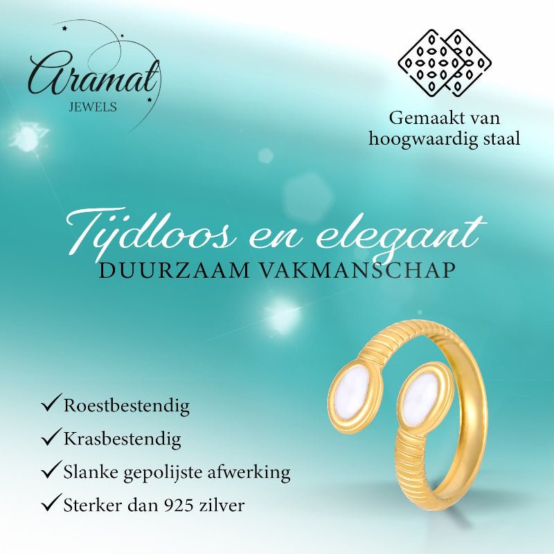 Verstelbare RVS Ring met Parelwitte Emaille Ovalen - Goudkleur (15 mm) - Aramat Jewels - Ringen - cadeautip