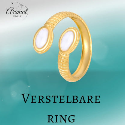 Verstelbare RVS Ring met Parelwitte Emaille Ovalen - Goudkleur (15 mm) - Aramat Jewels - Ringen - cadeautip
