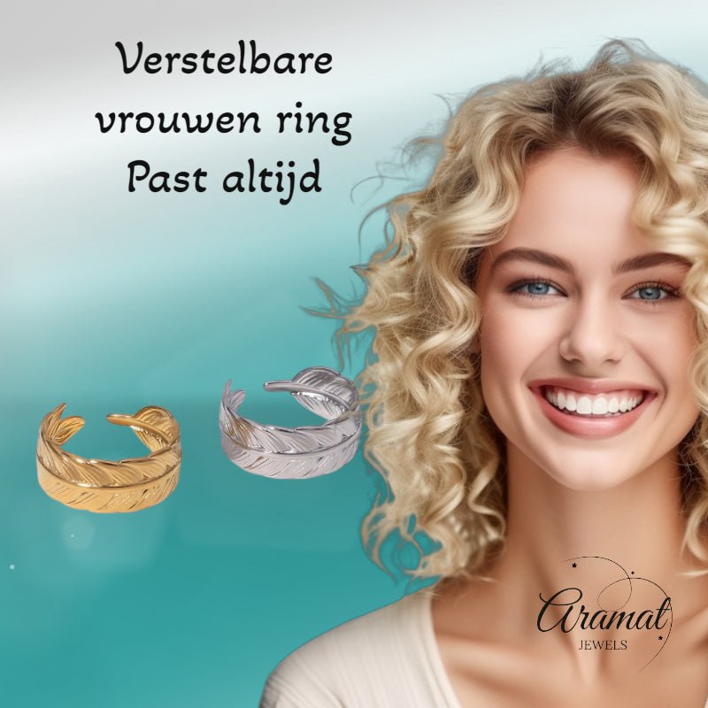 Verstelbare RVS Ring met Veertje Motief - Goudkleur of Zilver (8 mm) - Aramat Jewels - Ringen - cadeautip