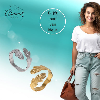 Verstelbare RVS Ring met Verfijnd Veer - Ontwerp (17 mm) - Aramat Jewels - Ringen - cadeautip