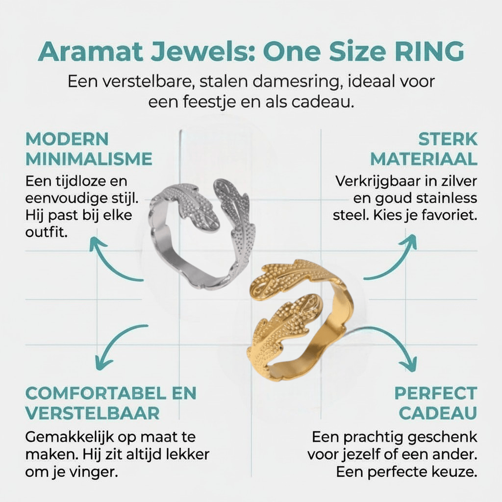 Verstelbare RVS Ring met Verfijnd Veer - Ontwerp (17 mm) - Aramat Jewels - Ringen - cadeautip