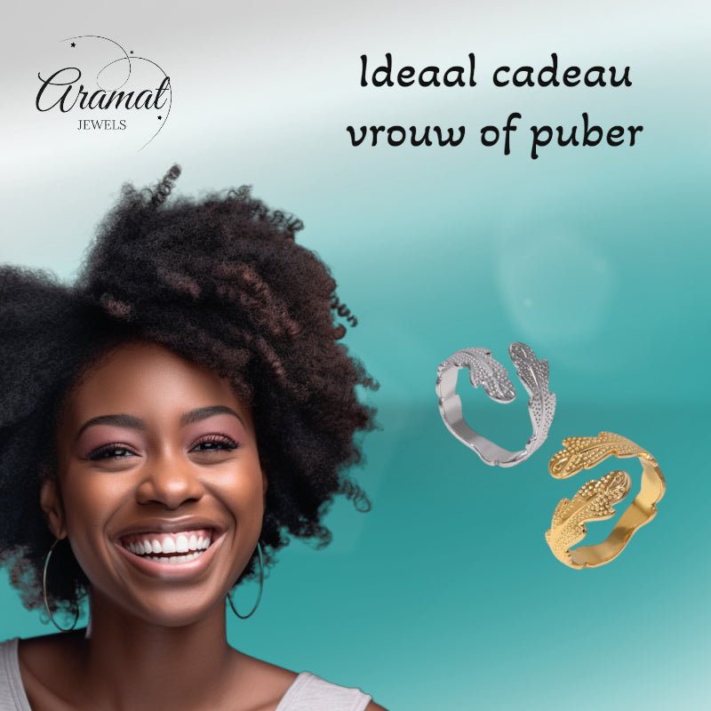 Verstelbare RVS Ring met Verfijnd Veer - Ontwerp (17 mm) - Aramat Jewels - Ringen - cadeautip