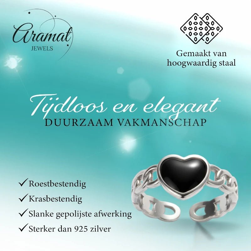 Verstelbare RVS Ring met Zwart Emaille Hartje - Zilverkleur (8 mm) - Aramat Jewels - Ringen - cadeautip