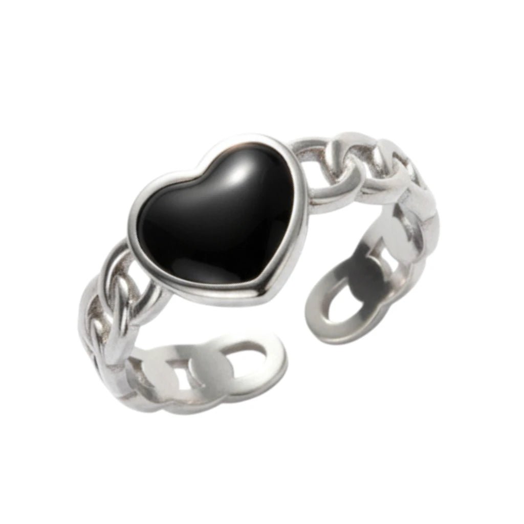 Verstelbare RVS Ring met Zwart Emaille Hartje - Zilverkleur (8 mm) - Aramat Jewels - Ringen - cadeautip