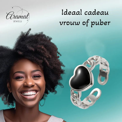 Verstelbare RVS Ring met Zwart Emaille Hartje - Zilverkleur (8 mm) - Aramat Jewels - Ringen - cadeautip