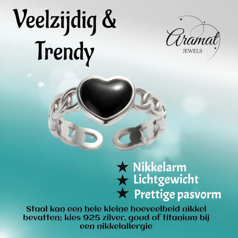 Verstelbare RVS Ring met Zwart Emaille Hartje - Zilverkleur (8 mm) - Aramat Jewels - Ringen - cadeautip