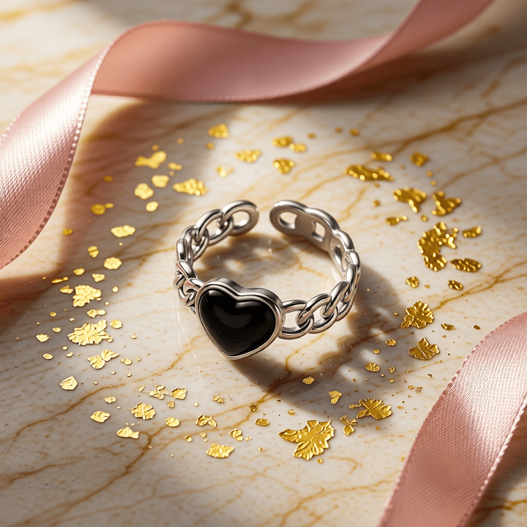 Verstelbare RVS Ring met Zwart Emaille Hartje - Zilverkleur (8 mm) - Aramat Jewels - Ringen - cadeautip