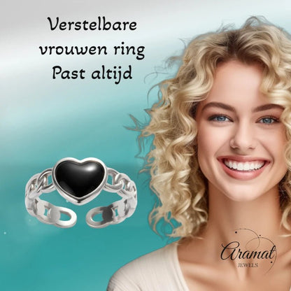 Verstelbare RVS Ring met Zwart Emaille Hartje - Zilverkleur (8 mm) - Aramat Jewels - Ringen - cadeautip