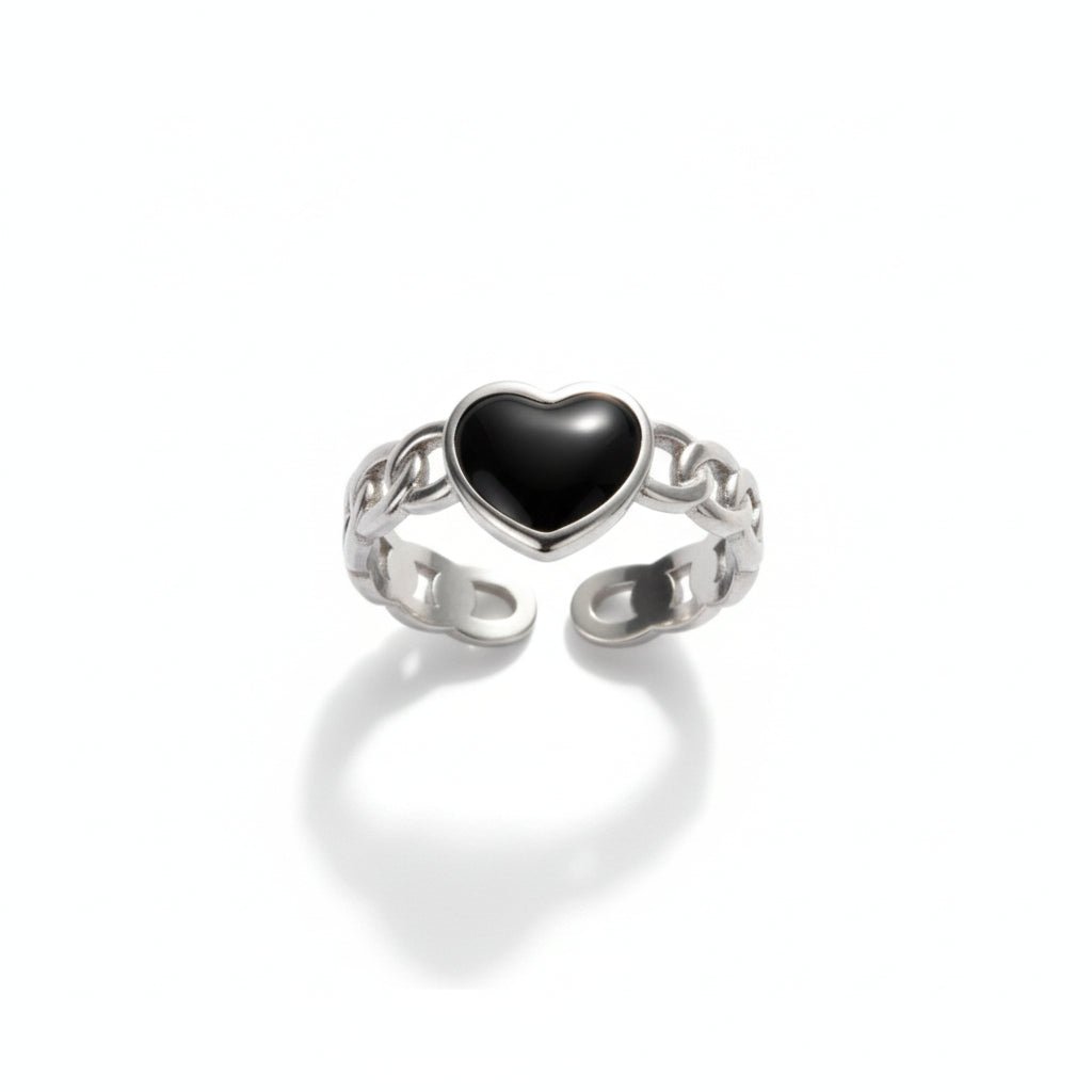 Verstelbare RVS Ring met Zwart Emaille Hartje - Zilverkleur (8 mm) - Aramat Jewels - Ringen - cadeautip