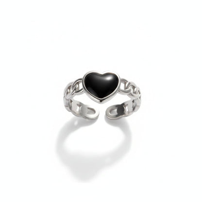 Verstelbare RVS Ring met Zwart Emaille Hartje - Zilverkleur (8 mm) - Aramat Jewels - Ringen - cadeautip