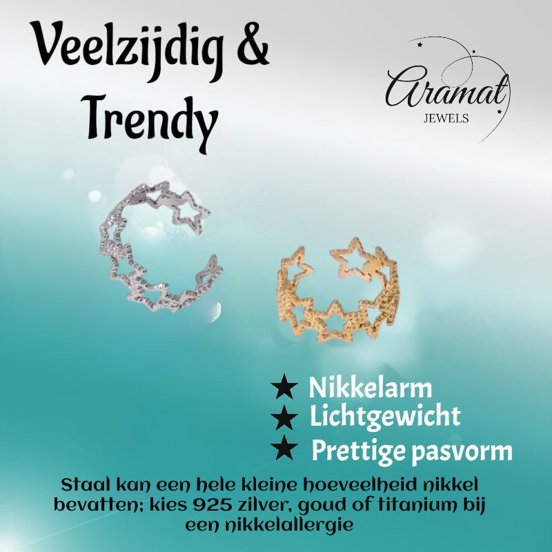 Verstelbare Sterren Ring van RVS met Bolletjes Motief (9 mm) - Aramat Jewels - Ringen - cadeautip