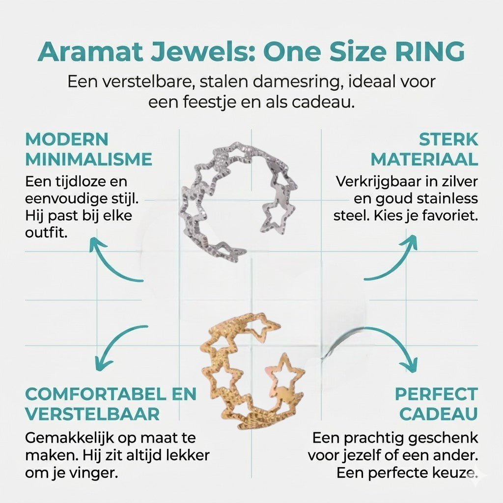 Verstelbare Sterren Ring van RVS met Bolletjes Motief (9 mm) - Aramat Jewels - Ringen - cadeautip